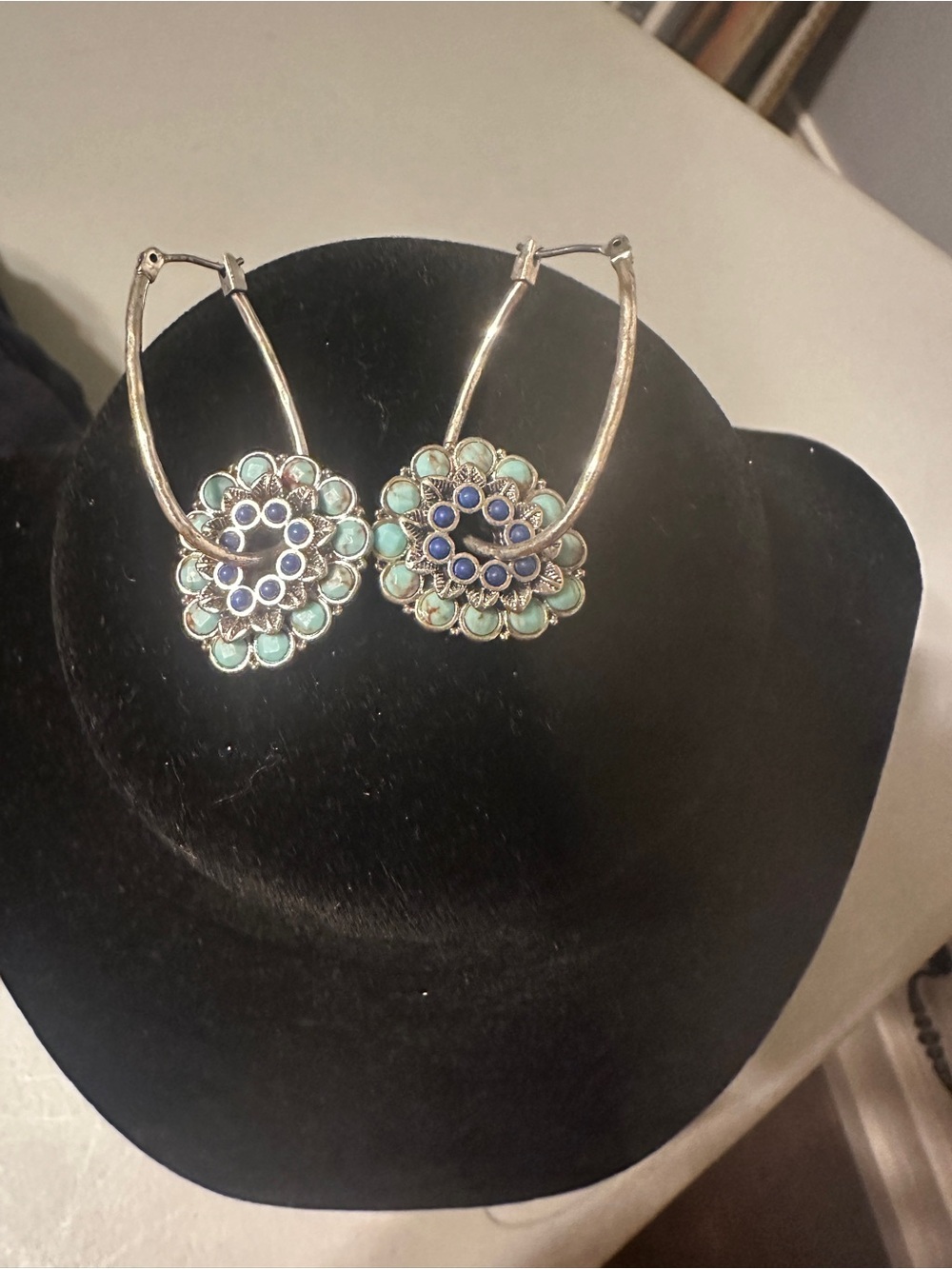 Fossil Silver Hoop Earrings with Blue Centers and Mint Floral Enamel